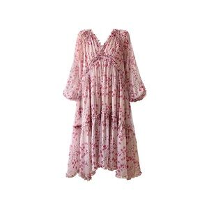 Aconiconi Size M Floral Pink Bohemian Chiffon Tiered Maxi Dress